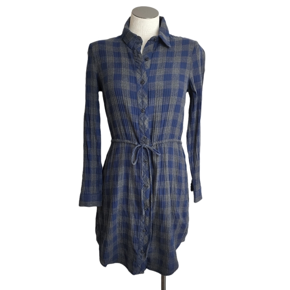 Ro & De Blue Collar Button Plaid Long Sleeve Drawstring Shift Dress   Size SX